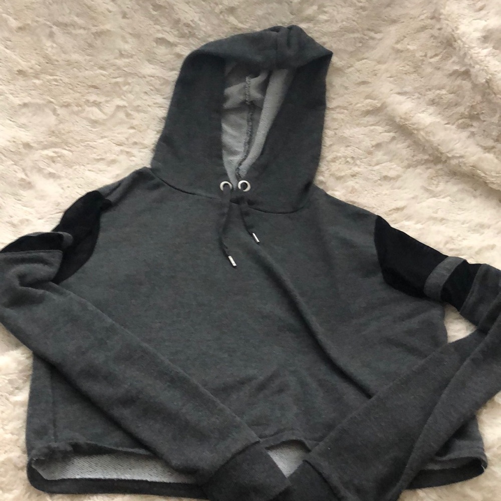 dark gray hoodie with mesh sleeves